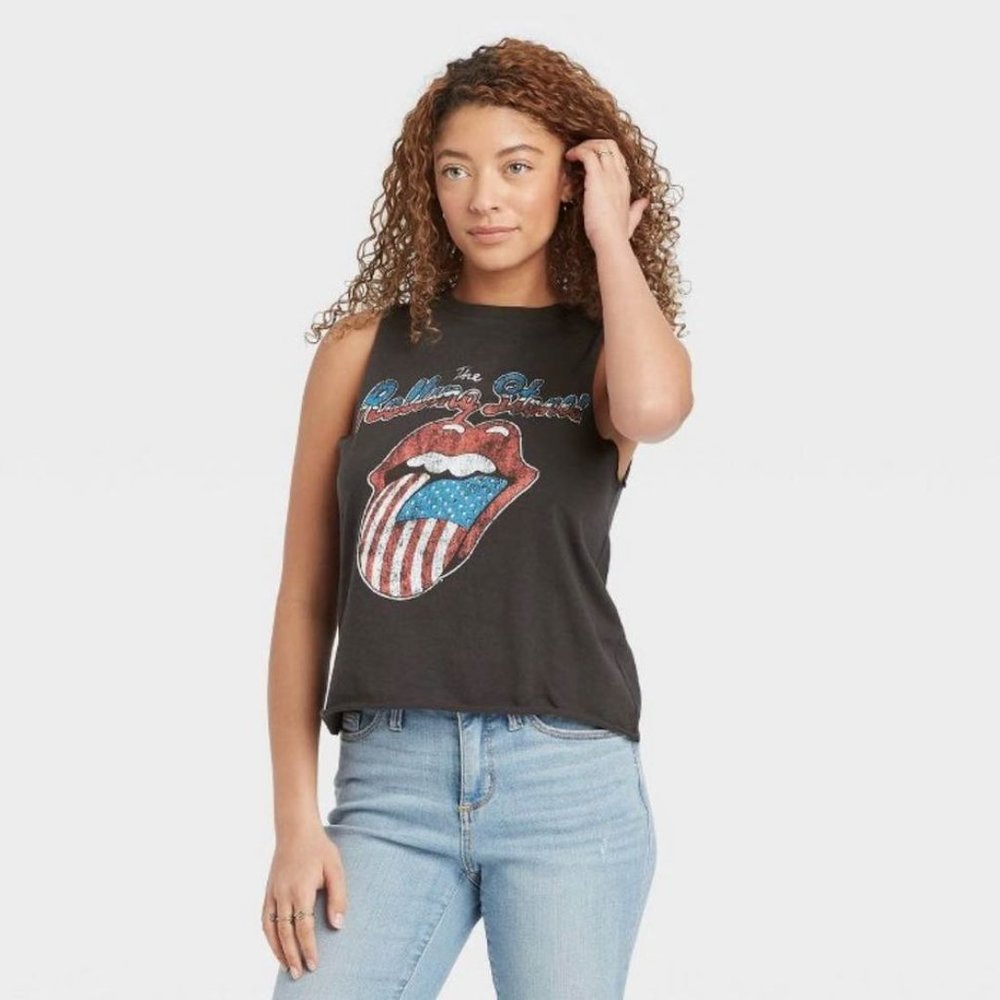 The Rolling Stones American Flag Logo Graphic Cropped Tank Top-Black